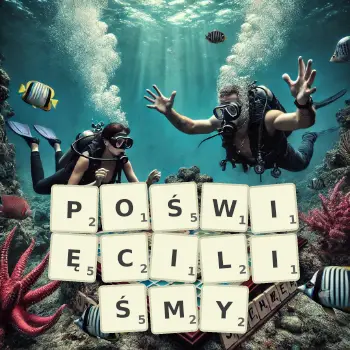 Kreatywna ilustracja do gry w Scrabble ze słowem POŚWIĘCILIŚMY ułożonym z płytek na planszy.