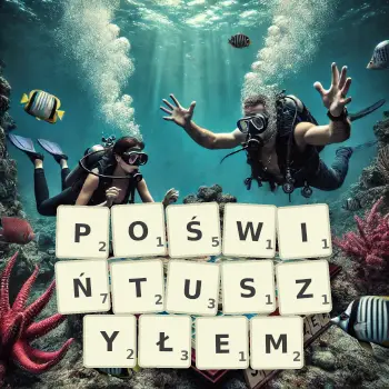 Kreatywna ilustracja do gry w Scrabble ze słowem POŚWIŃTUSZYŁEM ułożonym z płytek na planszy.