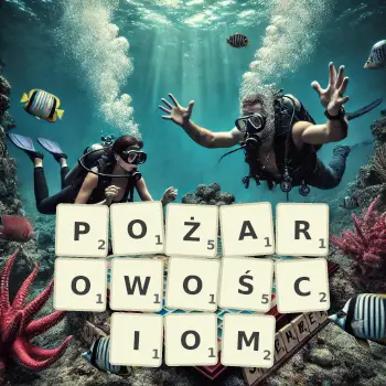 Kreatywna ilustracja do gry w Scrabble ze słowem POŻAROWOŚCIOM ułożonym z płytek na planszy.