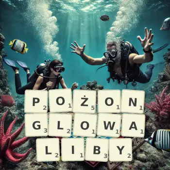 Kreatywna ilustracja do gry w Scrabble ze słowem POŻONGLOWALIBY ułożonym z płytek na planszy.