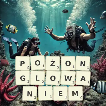Kreatywna ilustracja do gry w Scrabble ze słowem POŻONGLOWANIEM ułożonym z płytek na planszy.