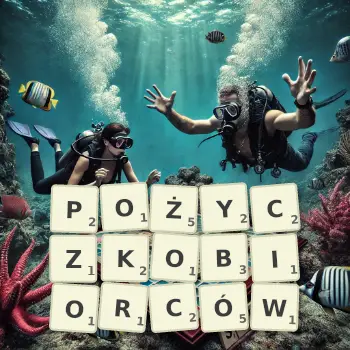 Kreatywna ilustracja do gry w Scrabble ze słowem POŻYCZKOBIORCÓW ułożonym z płytek na planszy.