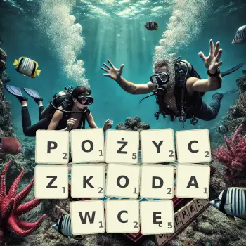 Kreatywna ilustracja do gry w Scrabble ze słowem POŻYCZKODAWCĘ ułożonym z płytek na planszy.