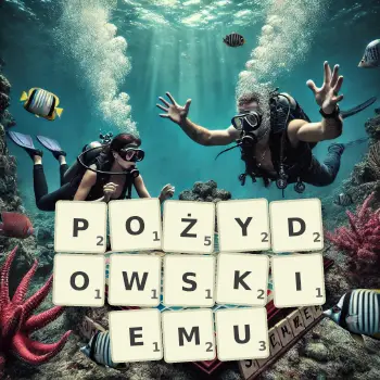 Kreatywna ilustracja do gry w Scrabble ze słowem POŻYDOWSKIEMU ułożonym z płytek na planszy.