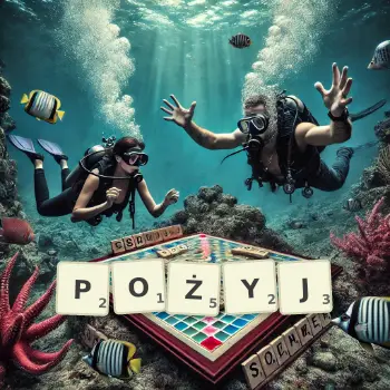Kreatywna ilustracja do gry w Scrabble ze słowem POŻYJ ułożonym z płytek na planszy.