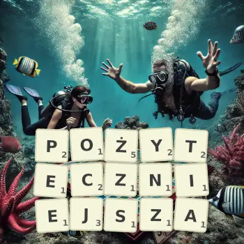 Kreatywna ilustracja do gry w Scrabble ze słowem POŻYTECZNIEJSZA ułożonym z płytek na planszy.