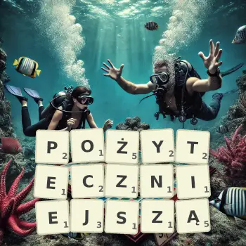 Kreatywna ilustracja do gry w Scrabble ze słowem POŻYTECZNIEJSZĄ ułożonym z płytek na planszy.