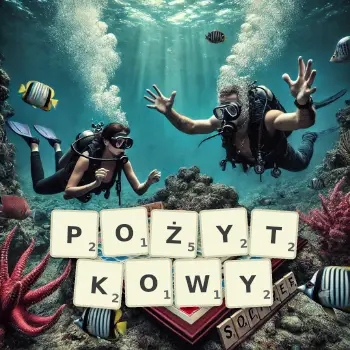 Kreatywna ilustracja do gry w Scrabble ze słowem POŻYTKOWY ułożonym z płytek na planszy.