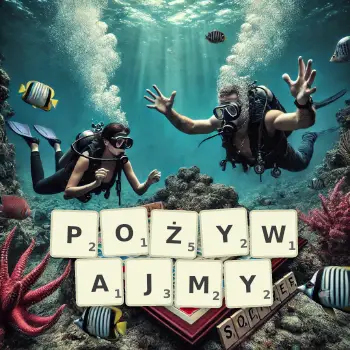 Kreatywna ilustracja do gry w Scrabble ze słowem POŻYWAJMY ułożonym z płytek na planszy.