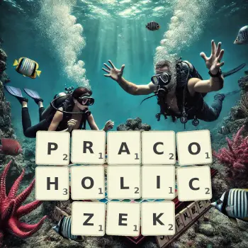 Kreatywna ilustracja do gry w Scrabble ze słowem PRACOHOLICZEK ułożonym z płytek na planszy.