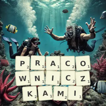 Kreatywna ilustracja do gry w Scrabble ze słowem PRACOWNICZKAMI ułożonym z płytek na planszy.