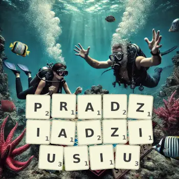 Kreatywna ilustracja do gry w Scrabble ze słowem PRADZIADZIUSIU ułożonym z płytek na planszy.