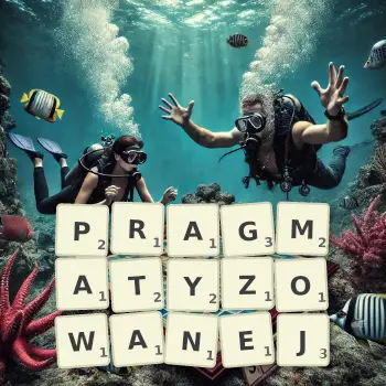 Kreatywna ilustracja do gry w Scrabble ze słowem PRAGMATYZOWANEJ ułożonym z płytek na planszy.