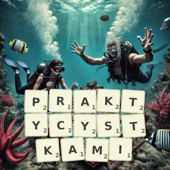 Kreatywna ilustracja do gry w Scrabble ze słowem PRAKTYCYSTKAMI ułożonym z płytek na planszy.