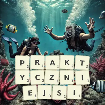 Kreatywna ilustracja do gry w Scrabble ze słowem PRAKTYCZNIEJSI ułożonym z płytek na planszy.