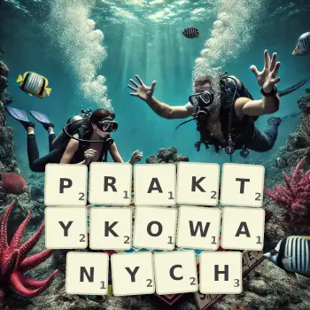 Kreatywna ilustracja do gry w Scrabble ze słowem PRAKTYKOWANYCH ułożonym z płytek na planszy.