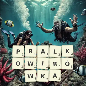 Kreatywna ilustracja do gry w Scrabble ze słowem PRALKOWIRÓWKA ułożonym z płytek na planszy.
