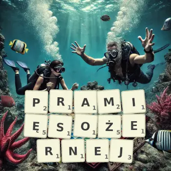 Kreatywna ilustracja do gry w Scrabble ze słowem PRAMIĘSOŻERNEJ ułożonym z płytek na planszy.