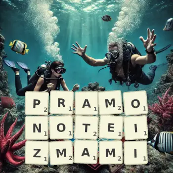 Kreatywna ilustracja do gry w Scrabble ze słowem PRAMONOTEIZMAMI ułożonym z płytek na planszy.