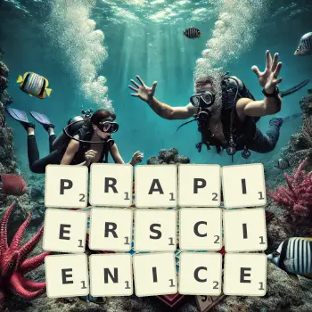 Kreatywna ilustracja do gry w Scrabble ze słowem PRAPIERSCIENICE ułożonym z płytek na planszy.