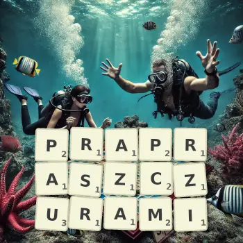 Kreatywna ilustracja do gry w Scrabble ze słowem PRAPRASZCZURAMI ułożonym z płytek na planszy.