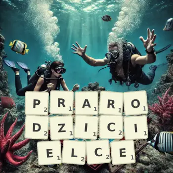 Kreatywna ilustracja do gry w Scrabble ze słowem PRARODZICIELCE ułożonym z płytek na planszy.