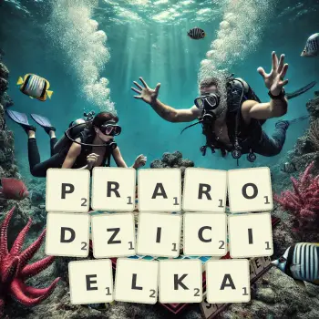 Kreatywna ilustracja do gry w Scrabble ze słowem PRARODZICIELKA ułożonym z płytek na planszy.