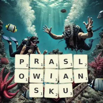 Kreatywna ilustracja do gry w Scrabble ze słowem PRASLOWIANSKU ułożonym z płytek na planszy.