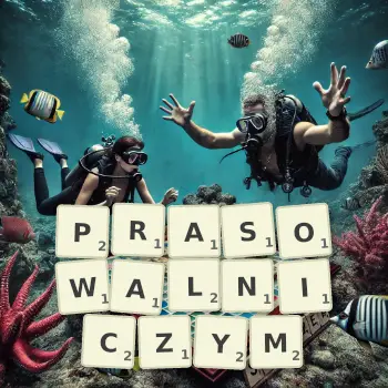 Kreatywna ilustracja do gry w Scrabble ze słowem PRASOWALNICZYM ułożonym z płytek na planszy.
