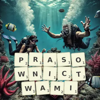 Kreatywna ilustracja do gry w Scrabble ze słowem PRASOWNICTWAMI ułożonym z płytek na planszy.