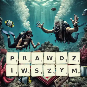 Kreatywna ilustracja do gry w Scrabble ze słowem PRAWDZIWSZYM ułożonym z płytek na planszy.