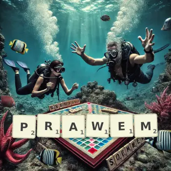 Kreatywna ilustracja do gry w Scrabble ze słowem PRAWEM ułożonym z płytek na planszy.