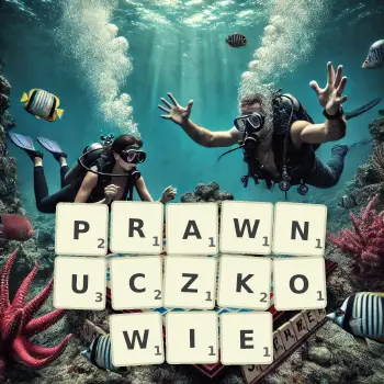 Kreatywna ilustracja do gry w Scrabble ze słowem PRAWNUCZKOWIE ułożonym z płytek na planszy.