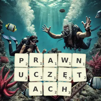 Kreatywna ilustracja do gry w Scrabble ze słowem PRAWNUCZĘTACH ułożonym z płytek na planszy.