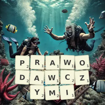 Kreatywna ilustracja do gry w Scrabble ze słowem PRAWODAWCZYMI ułożonym z płytek na planszy.