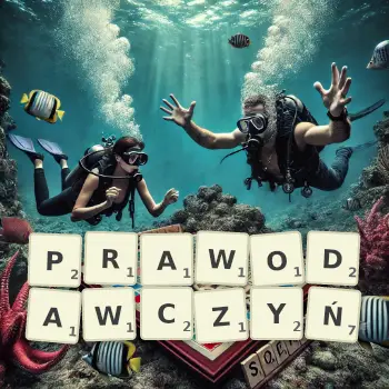 Kreatywna ilustracja do gry w Scrabble ze słowem PRAWODAWCZYŃ ułożonym z płytek na planszy.
