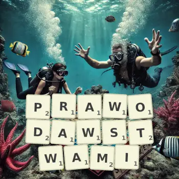 Kreatywna ilustracja do gry w Scrabble ze słowem PRAWODAWSTWAMI ułożonym z płytek na planszy.