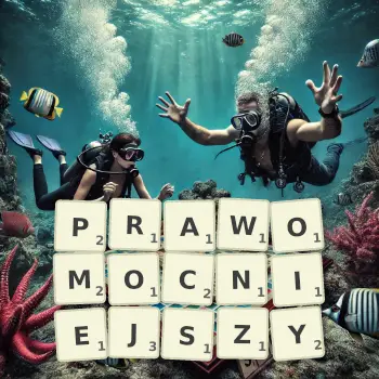 Kreatywna ilustracja do gry w Scrabble ze słowem PRAWOMOCNIEJSZY ułożonym z płytek na planszy.