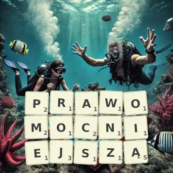 Kreatywna ilustracja do gry w Scrabble ze słowem PRAWOMOCNIEJSZĄ ułożonym z płytek na planszy.