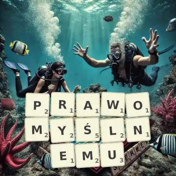 Kreatywna ilustracja do gry w Scrabble ze słowem PRAWOMYŚLNEMU ułożonym z płytek na planszy.