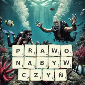 Kreatywna ilustracja do gry w Scrabble ze słowem PRAWONABYWCZYŃ ułożonym z płytek na planszy.