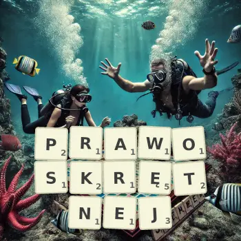 Kreatywna ilustracja do gry w Scrabble ze słowem PRAWOSKRĘTNEJ ułożonym z płytek na planszy.