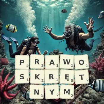 Kreatywna ilustracja do gry w Scrabble ze słowem PRAWOSKRĘTNYM ułożonym z płytek na planszy.
