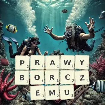 Kreatywna ilustracja do gry w Scrabble ze słowem PRAWYBORCZEMU ułożonym z płytek na planszy.