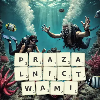 Kreatywna ilustracja do gry w Scrabble ze słowem PRAZALNICTWAMI ułożonym z płytek na planszy.