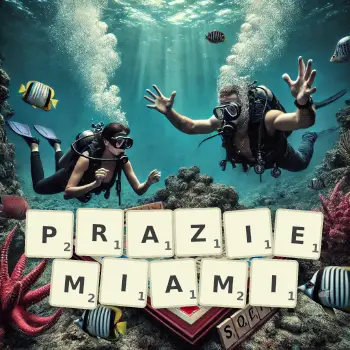 Kreatywna ilustracja do gry w Scrabble ze słowem PRAZIEMIAMI ułożonym z płytek na planszy.