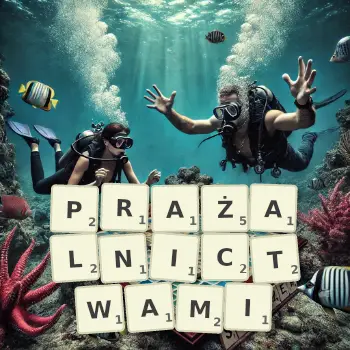 Kreatywna ilustracja do gry w Scrabble ze słowem PRAŻALNICTWAMI ułożonym z płytek na planszy.