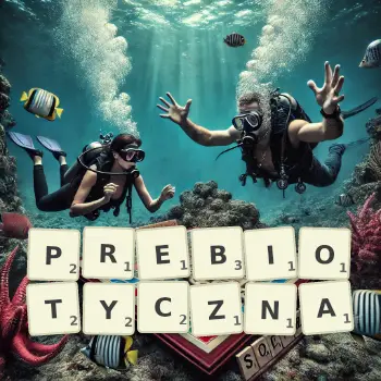 Kreatywna ilustracja do gry w Scrabble ze słowem PREBIOTYCZNA ułożonym z płytek na planszy.