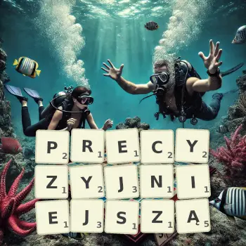 Kreatywna ilustracja do gry w Scrabble ze słowem PRECYZYJNIEJSZĄ ułożonym z płytek na planszy.