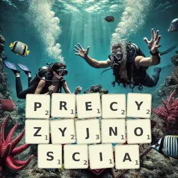 Kreatywna ilustracja do gry w Scrabble ze słowem PRECYZYJNOSCIA ułożonym z płytek na planszy.